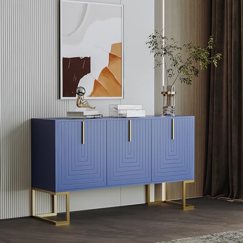 Hommdiy Modernes 3-türiges Sideboard mit verstellbaren Regalen, U-förmigen Schranktüren und Metallgriffen und Sockel für Esszimmer und Küche (Navy blau) von Hommdiy