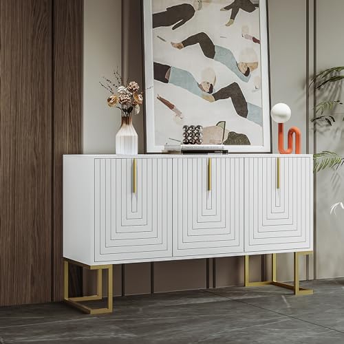 Hommdiy Modernes 3-türiges Sideboard mit verstellbaren Regalen, U-förmigen Schranktüren und Metallgriffen und Sockel für Esszimmer und Küche (Weiß) von Hommdiy