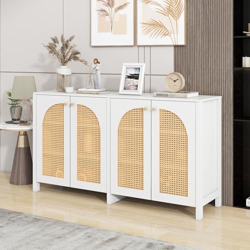 Hommdiy Modernes Sideboard im minimalistischen Stil 4-Rattantür, Metallgriff einfaches Buffetschrank für Esszimmer, Wohnzimmer, Küche (weiß) von Hommdiy