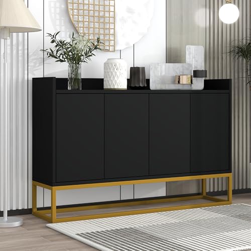 Hommdiy Modernes Sideboard im minimalistischen Stil 4-türiger griffloser Buffetschrank für Esszimmer, Wohnzimmer, Küche (Schwarz) von Hommdiy