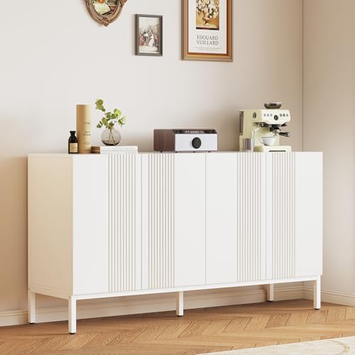 Hommdiy Modernes Sideboard mit einzigartiger Linie, 4-türig, grifflose Tür, für Esszimmer, Wohnzimmer und Küche (Weiß) von Hommdiy