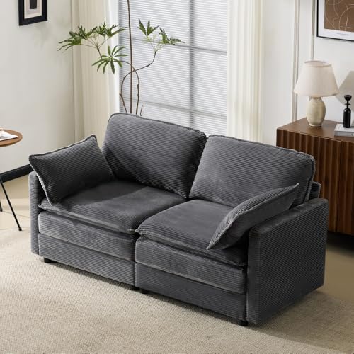 Hommdiy Modernes minimalistisches 2-Sitzer-Sofa, bequem und geräumig, geeignet für Wohn-/Schlafzimmer (Grey + Wood+Fabric + 2 Seat) von Hommdiy