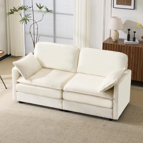 Hommdiy Modernes minimalistisches 2-Sitzer-Sofa, bequem und geräumig, geeignet für Wohn-/Schlafzimmer (White + Wood+Fabric + 2 Seat) von Hommdiy
