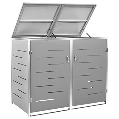Hommdiy Mülltonnenbox für 2 Tonnen 138x77,5x115,5 cm Rahmen aus Edelstahl Mülltonnenverkleidung Müllbox Mülltonne Müllcontainer Gartenbox Gerätebox Mülltonnenschrank Grau von Hommdiy