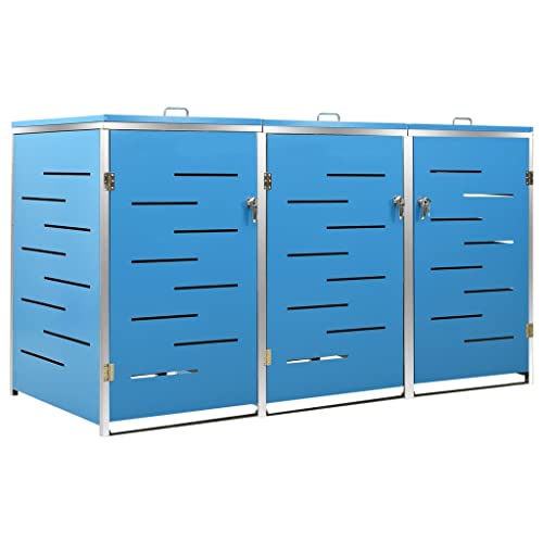 Hommdiy Mülltonnenbox für 3 Tonnen 207x77,5x112,5 cm Rahmen aus Edelstahl Mülltonnenverkleidung Müllbox Mülltonne Müllcontainer Gartenbox Gerätebox Mülltonnenschrank Blau von Hommdiy