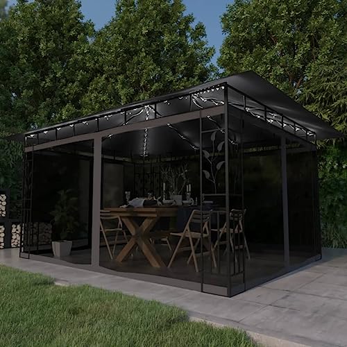 Hommdiy Pavillon mit Moskitonetz und LED Lichterketten Gartenzelt Partyzelt Festzelt Gartenpavillon Bierzelt Garten Zelt Outdoor 4 x 3 x 2,73 m,Anthrazit von Hommdiy