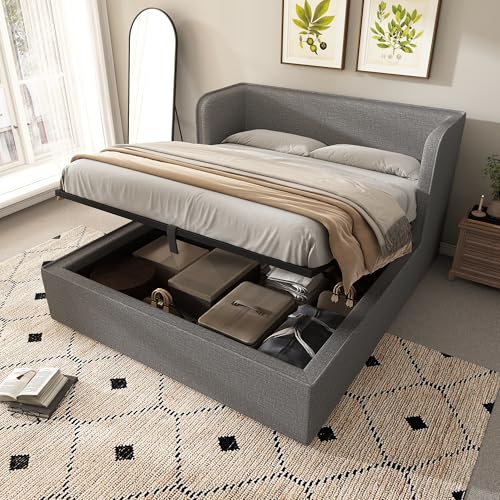Hommdiy Polsterbett Doppelbett Hydraulisch Stauraumbett mit Breite Seitenlehn und Abnehmbarer Bettrahmenbezug, Bettgestell mit Lattenrost und Stauraum, Leinen (Grau,160x200cm) von Hommdiy
