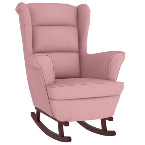 Hommdiy Schaukelstuhl mit Massivholz-Gummibeinen Relaxstuhl Schaukelsessel Schwingsessel Relaxsessel Schwingstuhl Polstersessel Sessel Rosa Samt von Hommdiy