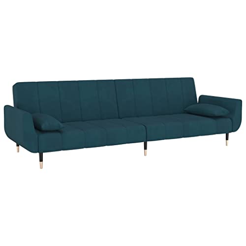 Hommdiy Schlafsofa 2-Sitzer mit 2 Kissen Blau Samt Sofa Couch mit Schlaffunktion, Sofabett Gästebett mit 2 Kissen, Schlafcouch Bettsofa Wohnzimmer, Modern von Hommdiy