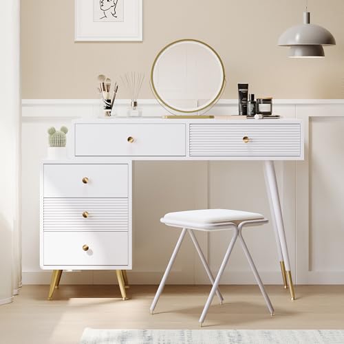Hommdiy Schminktisch Kosmetiktisch-Set mit LED-Beleuchtung und Spiegel mit verstellbarem Seitenschrank und ausziehbarem Design. Maße:B100/H78/T40 cm(ohne Hocker) von Hommdiy