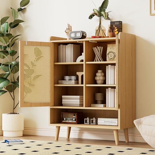 Hommdiy Schuhschrank Sideboard Multifunktionsschrank aus natürlichem Rattan, Schuhkommode Schuhregal mit 2 Türen und 5 Regalböden, für den Flur. Mit Holzgriffen und Massivholzbeinen B80/H105/T35 cm von Hommdiy