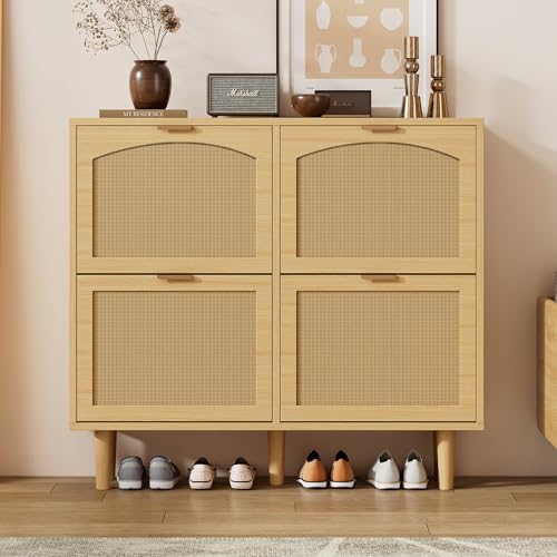 Hommdiy Schuhschrank mit 4 Klappschubladen, Schuhkommode aus Rattan mit Metallgriffen, Schuhregal für Flur, Schlafzimmer, Wohnung,Holzmöbel, Landhausstil, Maße: 100 x 25 x 90 cm (Sektor-Türblatt) von Hommdiy