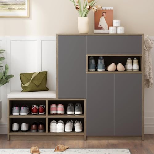 Hommdiy Schuhschrank mit Sitzbank Schuhbank, multifunktionales Schuhregal mit gepolstertem Sitz, vielseitige Schuhaufbewahrungslösung mit verstellbaren Regalen für den Flur, weiß,140x35x110 cm (Grau) von Hommdiy