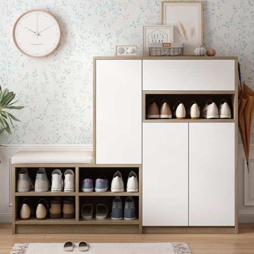 Hommdiy Schuhschrank mit Sitzbank Schuhbank, multifunktionales Schuhregal mit gepolstertem Sitz, vielseitige Schuhaufbewahrungslösung mit verstellbaren Regalen für den Flur, weiß,140x35x110 cm (Weiß) von Hommdiy
