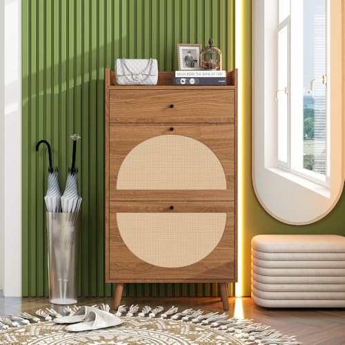 Hommdiy Schuhschrank mit Zwei Türen und Einer Schublade, Rattan-Optik, austauschbare halbrunde Türen, doppeltes Regal, Länge 60 cm, ohne Rückwand (Walnussholzfarbe) von Hommdiy
