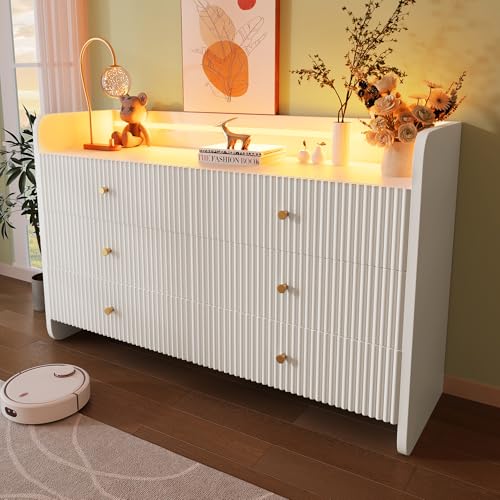 Hommdiy Sideboard, Kommode mit LED-Beleuchtung und 6 Schubladen, Wellenförmiges Rillendesign, Moderner Schrank für Wohnzimmer und Schlafzimmer, 120x40x75cm, Weiß von Hommdiy