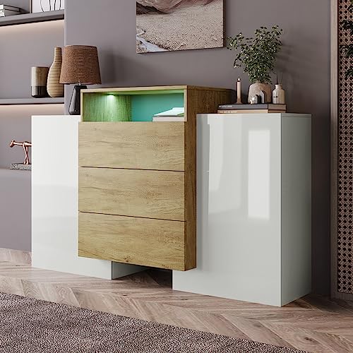 Hommdiy Sideboard, Moderner Kommode, Schrank 140cm, Hochglanz-Weiß und Holzfarbe, Mehrfarbige LED-Lichteffekte. Stilvolle Aufbewahrungslösung (Teilweise glänzende Oberfläche) von Hommdiy
