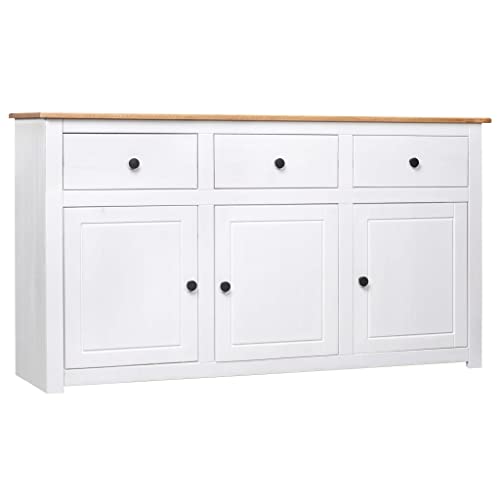 Hommdiy Sideboard Küchenschrank mit 3 Schubladen und 3 Türen 135 x 40 x 80 cm Buffetschrank Aufbewahrungsschrank Geschirrschrank Massivholz Panama-Kiefer Weiß von Hommdiy