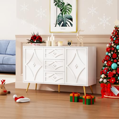 Hommdiy Sideboard Weiß Schrank mit 2 Türen & 3 Schubladen/3 Türen Goldfüße, 120×40×80 cm, Elegante Kommode mit Rautenmuster Modernes Design für Wohnzimmer, Flur oder Schlafzimmer (2 Türen) von Hommdiy