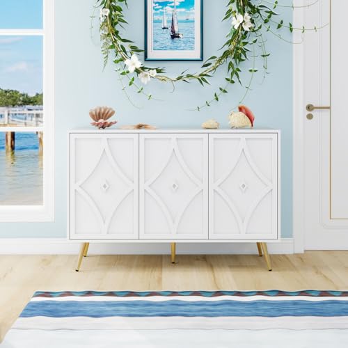 Hommdiy Sideboard Weiß Schrank mit 2 Türen & 3 Schubladen/3 Türen Goldfüße, 120×40×80 cm, Elegante Kommode mit Rautenmuster Modernes Design für Wohnzimmer, Flur oder Schlafzimmer (3 Türen) von Hommdiy