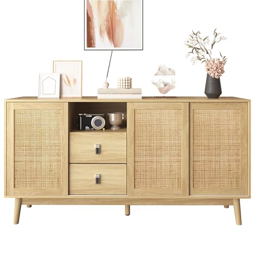 Hommdiy Sideboard mit 3 Schiebetüren aus echtem Rattan und 2 Schubladen, 155x38x80 cm, atmungsaktiv, stabil und vielseitig von Hommdiy