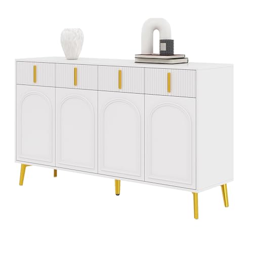 Hommdiy Sideboard mit goldenen Griffen und Beinen, 4 Türen, 4 Schubladen, mit herausnehmbarem Laminat, geeignet für Wohn- und Esszimmer, 140 * 37,8 * 82 cm. von Hommdiy
