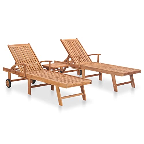 Hommdiy Sonnenliege 2 STK.mit Ausziehbarem Teak Massiv Tisch Beistelltisch Gartenliege Holzliege Liegestuhl Relaxliege Strandliege Liege Gartenmöbel von Hommdiy