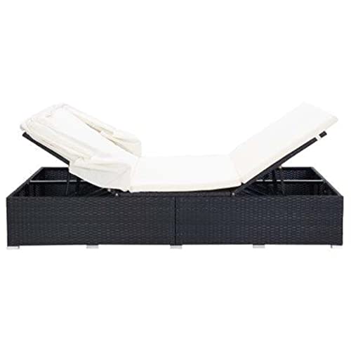 Hommdiy Sonnenliege mit Auflage Klappdach Gartenliege Doppelliege Relaxliege Liege Strandliege Poly Rattan Schwarz von Hommdiy