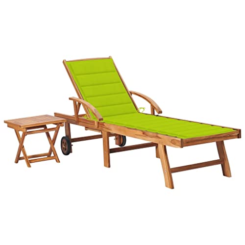 Hommdiy Sonnenliege mit Tisch und Auflage Massivholz Teak Hellgrün von Hommdiy