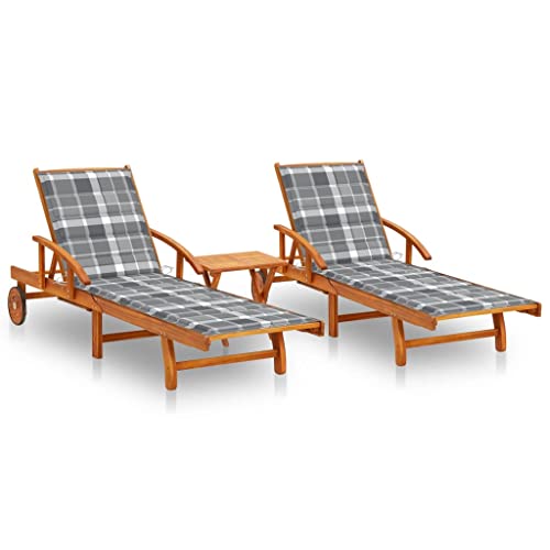 Hommdiy Sonnenliegen 2 STK. mit Tisch und Auflagen Massivholz AkazieGraues Karomuster von Hommdiy