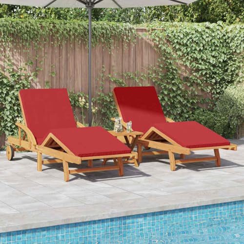 Hommdiy Sonnenliegen 2er Set mit Kissen und Tisch in Rot aus massivem Akazienholz(2X Sonnenliege + Tisch) von Hommdiy