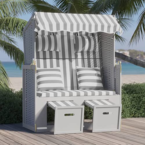 Hommdiy Strandkorb mit Dach Gartenliege Volllieger Sonnenliege Sonneninsel Strandliege Liege Zweisitzer Strand Poly Strandkorb Poly Rattan und Massivholz Mit Kissen,Grau und Weiß von Hommdiy