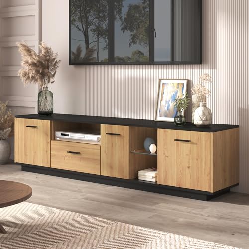 Hommdiy TV-Schrank mit 1 Schublade & 2 offene Fächer mit Glas Lowboard TV-Möbel TV-Board Schwarze und natürliche Holzfarben mit 15 Variable LED-Leuchten von Hommdiy
