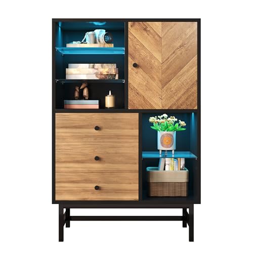 Hommdiy Vitrine, Vitrine mit 12-farbigem LED-Lichtband, Küchenschrank mit Schubladen und Glasböden, dreieckige Holzmaserung Hommdiy Vitrine, Vitrine mit 12-farbigem LED-Lichtband, Küchenschrank mit Schubladen und Glasböden, dreieckige Holzmaserung von Hommdiy