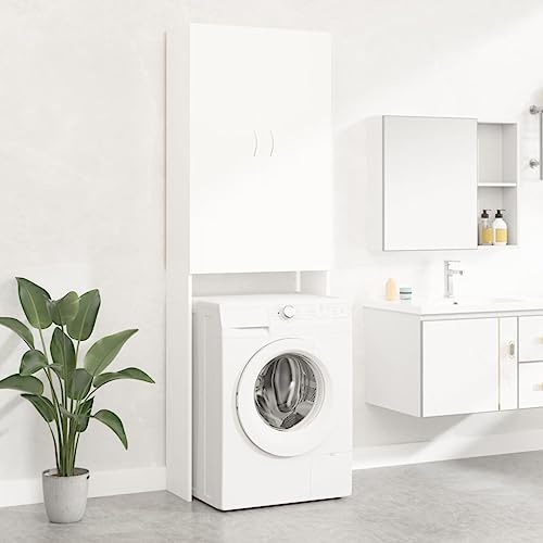 Hommdiy Waschmaschinenschrank mit 2 Türen 3 Fächern Badmöbel Badschrank Badregal Badezimmerschrank Hochschrank Schrank 64x25,5x190cm Weiß von Hommdiy