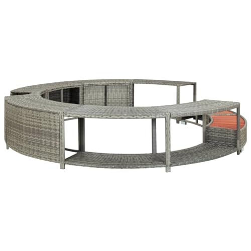Hommdiy Whirlpool Umrandung mit Stauraum Rund Poolumrandung Poolverkleidung für Spa Grau Poly Rattan Stahlrahmen Eukalyptus-Hartholz Grau Schwimmbadwerbung Whirlpool Umrandung von Hommdiy