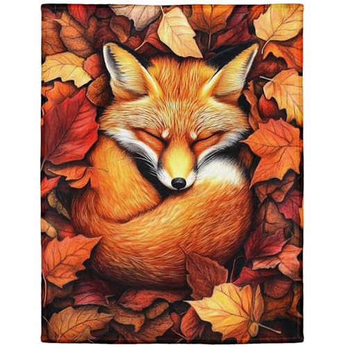 HommomH Fuchs Herbstblätter Kuschel Decke Warme Gemutlich Flanell Fleece Herbstliche Fuchs Szene für Sofa & Bett (150 x 200 cm) von HommomH