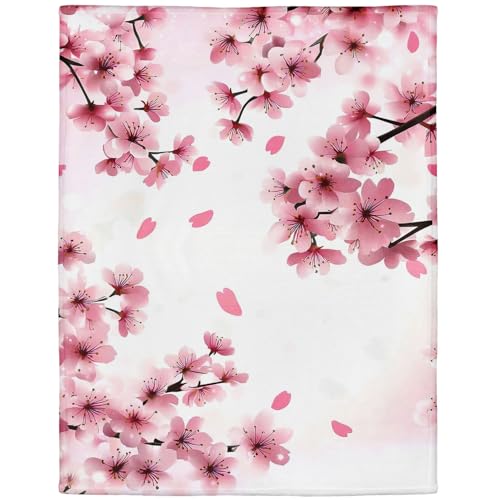 HommomH Kirschblüten Rosa Romantische Decke Warme Gemutlich Flanell Fleece Romantische Kirschblüten Szene Im Weichen Farbton für Sofa & Bett (100 x 150 cm) von HommomH