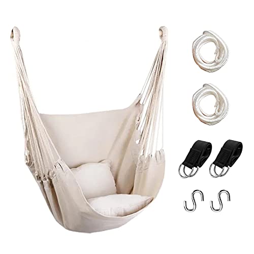 Hängemattenstuhl Hängeseilschaukel, max. 136 kg Hängesessel mit Tasche, hochwertiges Baumwollgewebe für höchsten Komfort und Haltbarkeit, perfekt für Outdoor, Zuhause, Terrasse, Hof (Beige) von Hommtina