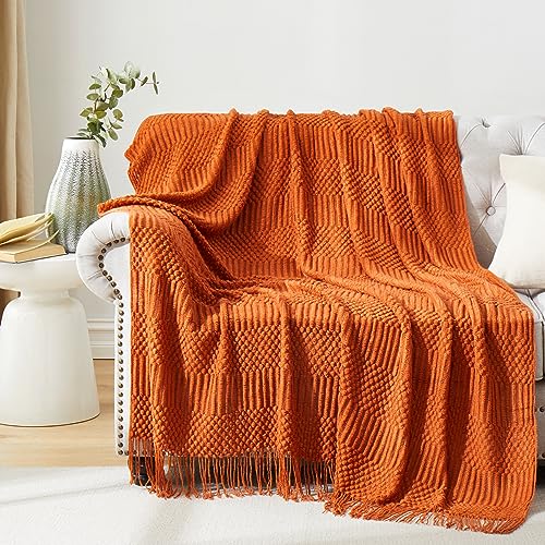 HommxJF Orange gestrickte dekorative Überwurfdecken für Couch, Schlafzimmer und Büro, strukturiert, lichtbeständig, weich und warm, Strickdecke mit Quaste, 127 x 152,4 cm von HommxJF