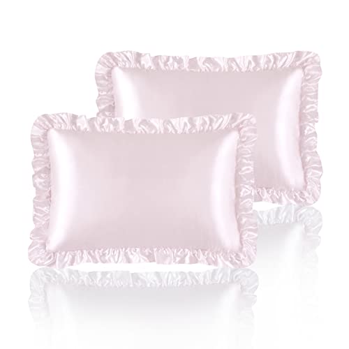 HommxJF Seidiger Satin-Kissenbezug mit Rüschen, für Haar und Haut, rosa Seiden-Kissenbezüge, King-Size-Bett, 2er-Set mit Hotelverschluss, Prinzessinnenzimmer-Dekoration von HommxJF