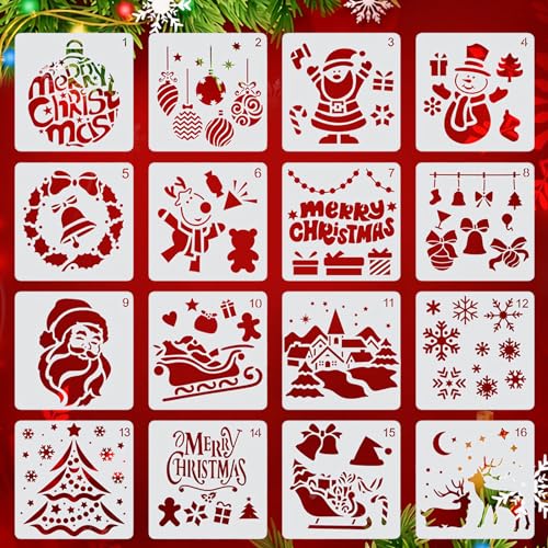 16 Stück Schablonen Weihnachten, Schablonen Kinder, Schablonen Vintage, Malschablonen Kinder, Schneespray Fenster Schablone, Weihnachtsschablonen, Kunststoff Schneespray Schablone (15 X 15cm) von Homo Trends