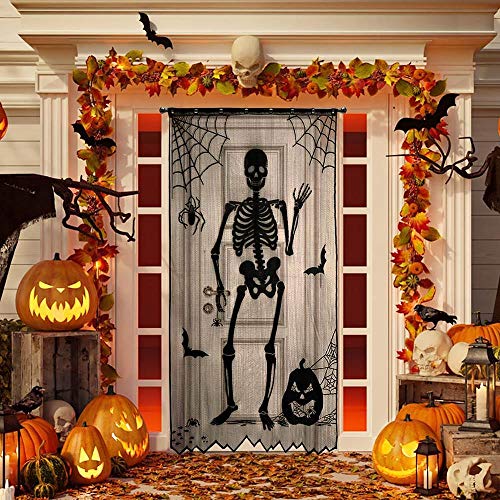 Halloween Türdeko, Halloween Vorhänge, Schwarze Spitze Halloween Vorhang, Skelett Spinnennetz Fledermaus Curtain für gruselige Halloween Deko Horror Fenster Haustür Tür Party Dekorationen (Skeleton) von Homo Trends