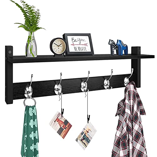 Homode Garderobe mit Regal Wandhalterung, 61 cm langes Eingangswandregal mit Haken, Holz hängende Kleiderbügel mit Aufbewahrungsregal für Badezimmer, Flur, Schwarz von Homode