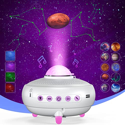 Homonic LED Sternenhimmel Projektor, Galaxy Projektor Nachtlicht mit 12 Konstellationen&10 Planeten mit Bluetooth Musik Lautsprecher&Stimme&Timer 10Farben Sternenprojektor für Kinder Erwachsene, Weiß von Homonic