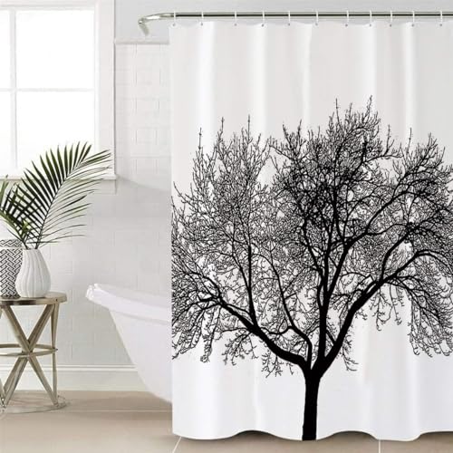 Homorro Duschvorhang 180x200 Schwarz Motiv mit Ösen Antischimmel Stoff Shower Curtains Weiss Lustig Badevorhang Vintage Wald Duschvorhänge Badewanne Textil Waschbar Wasserdicht mit Pflanzen Muster von Homorro