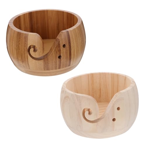 Homoyoyo 2 Stück Holz Garnschale mit Zwei Löchern Handgefertigte Strickschüssel für Wolle Stabile rutschfeste Wollschale mit Gewelltem Fadenführungsschlitz für Strick und Häkelprojekte von Homoyoyo