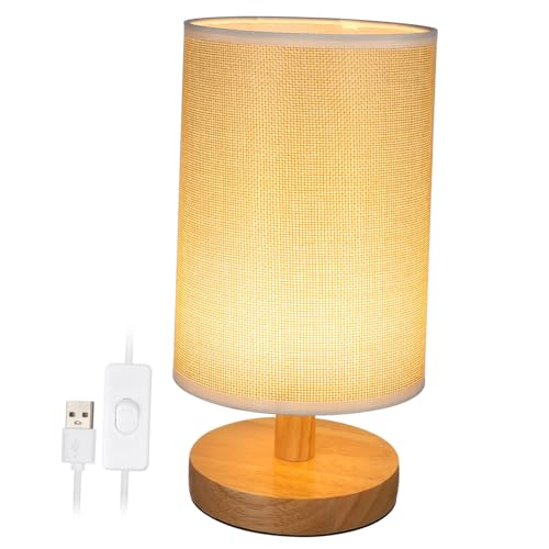Homoyoyo LED Nachttischlampe mit Massivholzfuß und Leinenlampenschirm Warmes Licht Knopfschalter Retro Schreibtischlampe für Schlafzimmer Wohnzimmer und Büro Stilvolle Tischleuchte Sanfte von Homoyoyo