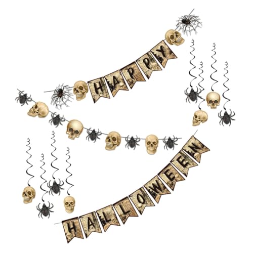 Homoyoyo Skull und Spider Halloween Banner Langlebige Gruselige Halloween Dekoration Wiederverwendbar für Indoor und Outdoor Partys Teiliges Skelett Dekorationskit für Spukfeiern von Homoyoyo