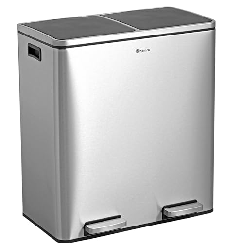 Homra Mülleimer 30l Blinq | Tretmülleimer Küche 2x15 Liter | Treteimer aus Edelstahl | Abfalleimer mit Inneneimern | Trennsystem 2 Fach | Mülltrennsystem | Papierkorb | Softclose | Stahl von Homra